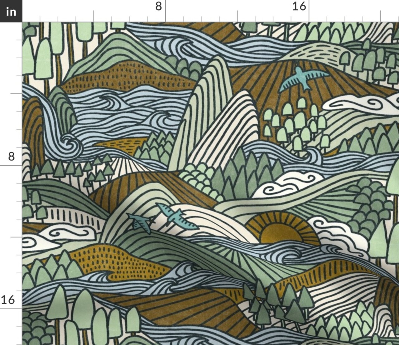 Geometric Nature Modern Landscape Outdoors Forest Sea Trees Animals Hills Calm Serene Neutral Custom Printed Fabric by Spoonflower Various Fabrics by the Yard or Fat Quarter